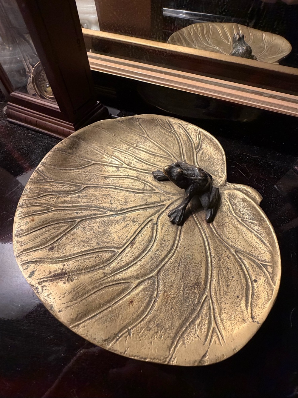 Brass Lily Pad Trinket dish with Frog Sculpture - Home Art